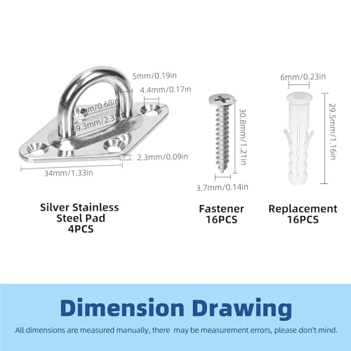 Glarks 36pcs M5 Stainless Steel Pad Eye Plate Hook Kit, Diamond Eye Plate U Hooks Heavy Duty Ceiling Hooks and Carabiner Clips Snap Hook for Ceiling and Mounting Hanging Hardware