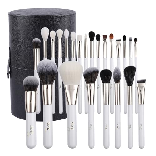 MAK Shiny Makeup Brushes 24 Pcs Set with Leather Case, Multi Use with Natural and Synthetic Hair (24 Pcs + Large Leather Case Holder)