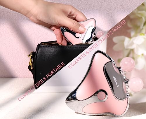 VRAIKO GemGlow Jade Roller and Gua Sha Device, 4-in-1 Gua Sha Face Tools, Face Massager with Red Light Therapy and Heat, Muscle Relaxation, Relieves Fine Lines and Wrinkles (Rose Quartz)