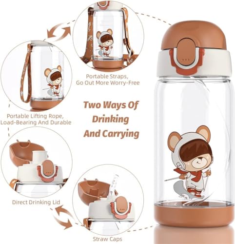 Azonee 500ml Kids Water Bottle with Straw, BPA Free, Lightweight & Leak-Proof, Two Lids, Ideal for School & Sports, Blue (Brown)