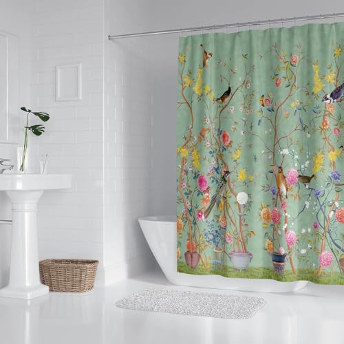 Shower Curtain Green Mould Proof Resistant Waterproof Bird Floral Bathroom Curtains with 12 hooks Quick-Drying Weighted 180x180cm (71x71Inch) Polyester Shower Curtains for Bathroom Wet Room Tub