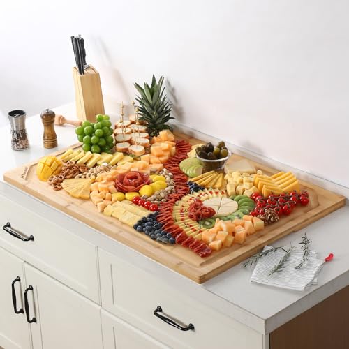 36 x 24 Extra Large Bamboo Cutting Board for Kitchen, Cutting Board Stove Top Cover with Handle, Butcher Block Chopping Board with Juice Groove, Large Charcuterie Board, Over the Sink Cutting Board