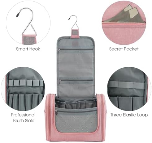 WANDF Large Hanging Toiletry Bag Travel Cosmetic Makeup Organizer Water-Resistant Shower Bathroom Bag for Women and Men (Dark Pink)
