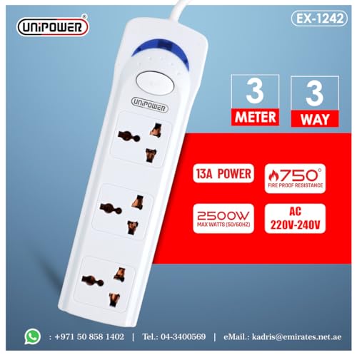 Unipower EX-1242 Power Socket with 3 Way Outlets and Extension Cord, 3 Meter Length, White