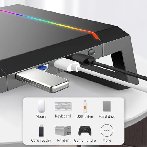 NALACAL RGB Gaming Computer Monitor Stand Riser - 4 USB 3.0 Hub, 3 Length Adjustable, Laptop Desk Shelf with Storage Drawer and Tablet Phone Holder, Desk Organizers for Desktop, Printer (Black)