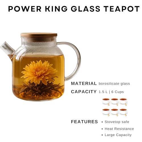 Power King Large 1.5 Liters Transparent Glass Teapot Stovetop & Microwave Safe Kettles for Brewing Hot or Cold Tea
