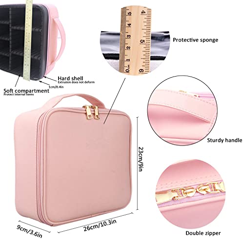 AMERTEER Travel Makeup Case - Portable Travel Makeup Cosmetic Case Organizer Artist Storage Bag With Adjustable Dividers For Cosmetics Makeup Brushes Toiletry Jewelry Digital Accessories (PINK)
