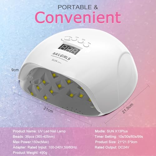 UV LED Nail Lamp, Nail girls 150W Nail Dryer for Gel Nail Polish 4 Timer Setting with Automatic Sensor, UV Nail Light Curing Lamp for Home, Salon