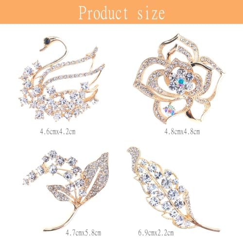 Azonee Brooch for Women, 4 PCS Brooch Flower Pins Rhinestone Fashion Brooch Elegant Leaf Brooches Jewellery Animal Pins for Women Clothes Collar Dress Scarf Shawl Decoration