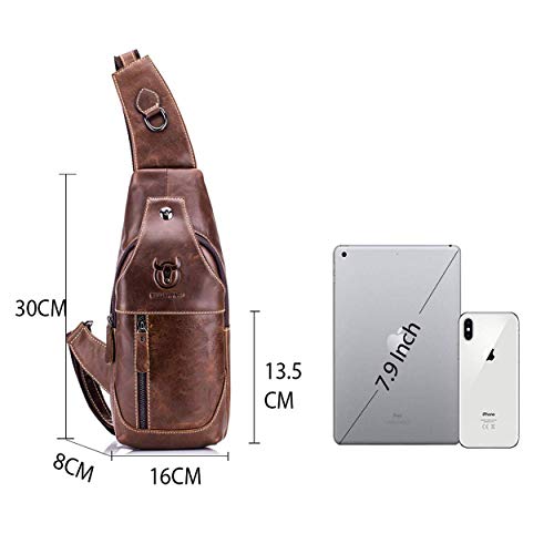 BULLCAPTAIN Men's Sling Bag Genuine Leather Chest Shoulder Backpack Cross Body Purse Water Resistant Anti Theft for Travel Hiking School (Brown)