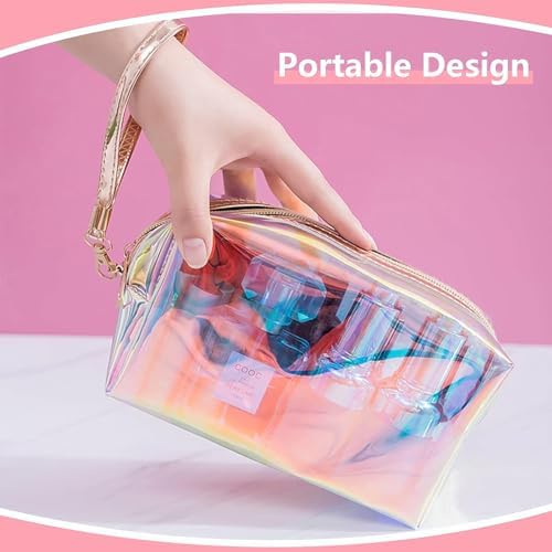 Tazweeq 3 Pieces Holographic Makeup Bag Portable Travel Iridescent Cosmetic Pouch TPU Waterproof Cosmetic Bags for Makeup Tools Organize, Women Toiletries, Travel, Pencil Case