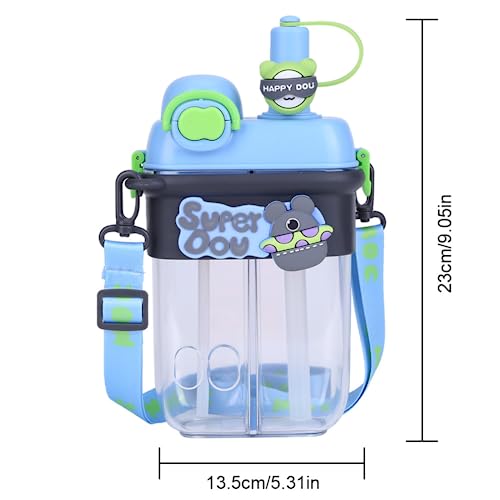 HiGropcore Kawaii Water Bottle with Straw, Double Chamber Cute Water Bottle with Adjustable Strap, Portable Leakproof Water Jug, 27oz b3. Blue