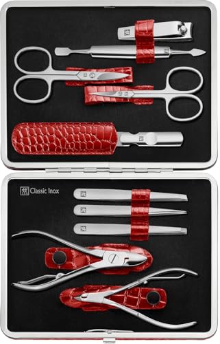 ZWILLING Classic Inox Manicure Pedicure Set 10 Pieces with Nail Clippers, Nail Care Set and Nail Kit, Leather Case, Black (97654-003-0)