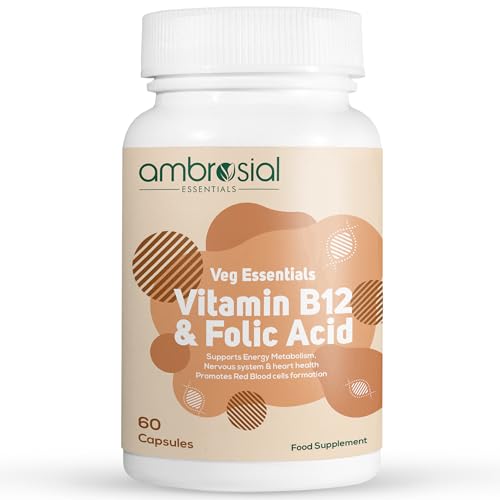 Ambrosial Vitamin B12 1000 mcg + 500 mcg Folic Acid | 1500 mcg | Folic Acid | Reduction of Tiredness & Fatigue | B12 Supplement | Immune System, Energy & Brain Support (Pack of 1-60 Capsules)