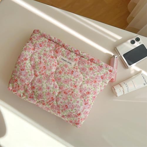 Azonee 2 Pcs Floral Makeup Bag Large Travel, Cotton Quilted Cosmetic Makeup Bag Organizer, Cute Coquette Aesthetic Zipper Portable Pouch Purse Toiletry Bag for Skincare Cosmetics (Pink Floral flowers)