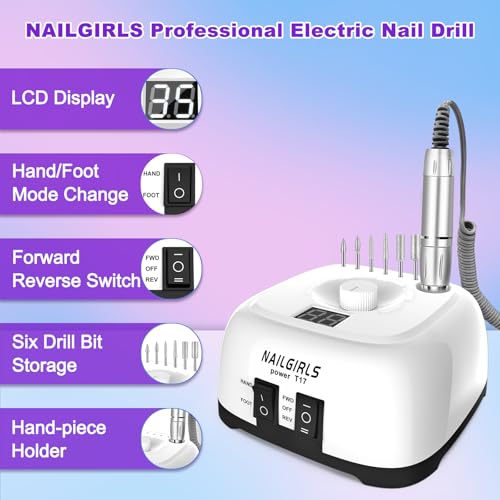 NAILGIRLS Electric Nail Drill, 11 in 1 Nail Drill Set Electric Nail Files Professional 35000RPM Acrylic Nails Gel Nails Manicure Pedicure Polishing Machine for Home and Salon Use with Foot Pedal,White