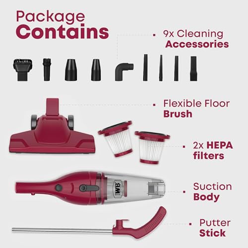 WB West Bayou 2-in-1 Handheld Stick Vacuum Cleaner - Lightweight, Powerful 600W Motor, 17000Pa Suction, 5M Long Cord, 0.8L Large Capacity, Central Filtration System for Home, Car, Kitchen