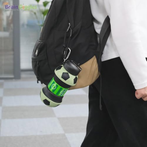 BrainGiggles Collapsible Water Bottle, Soccer Clip-On Silicone Foldable Tumbler for Kids, Portable Flexible Water Cup with Carabiner, BPA Free Leak Proof for Travel Camping Hiking Sport (500ML,White)