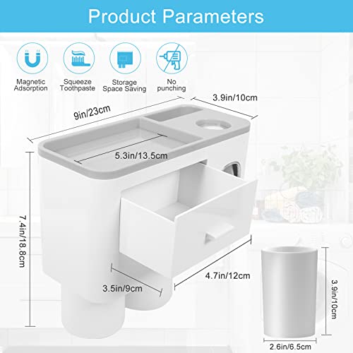 SKY-TOUCH 2 Cups Wall Mounted Toothbrush Holder, Multifunctional Space-Saving Toothbrush and Toothpaste Holder with Drawer for Cosmetics Organizer for Washroom and Bathroom