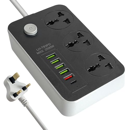 SKY-TOUCH Power Strips Extension Cords 3 Outlets, Universal Power Socket with 5 USB & 1 Type-C Ports, 2M Bold Extension Cord Plug Adapter for Home, Office, Kitchen