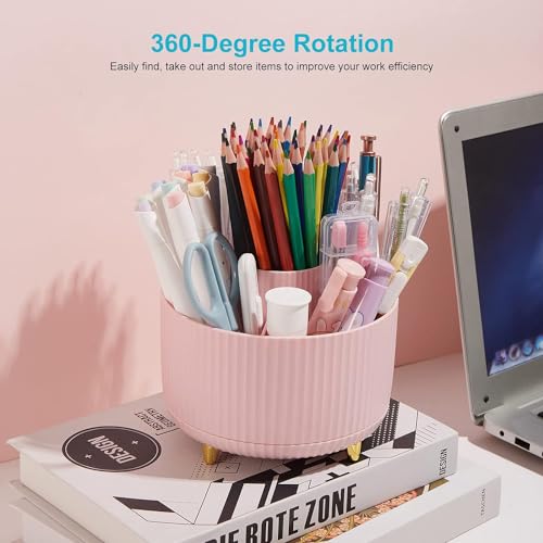 Ybaier 360 Degree Rotating Pen Holder, 5 Slots Pencil Organizer Desk Organizers and Accessories, Cute Pink Pen Holder for Desk, Pen Organizer Storage for Office School Home