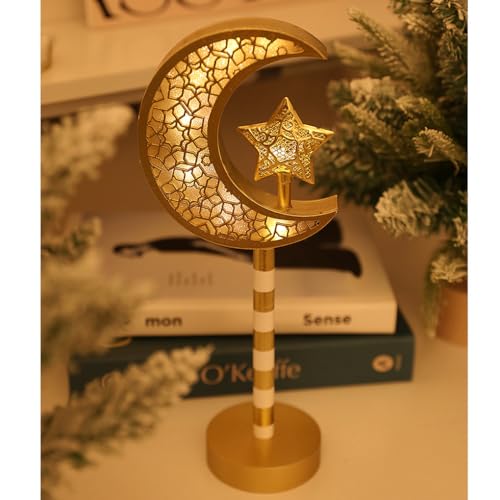 Goodern Ramadan Decorations Lights,Eid Mubarak Table Moon Lamp,Ramadan Kareem Crafts Night Light for Kids,Islamic Muslim Ornament Gifts,Gold Decorative Ramadan Lights with Moon Shape for Party Decor