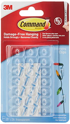Command Decorating Small Clips Transparent color, 20 clips + 24 strips/pack | Holds 180 gr. each clip | Organize | Decoration | No Tools | Holds Strongly | Damage-Free Hanging