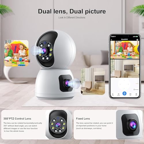 Camera Dual-Lens Indoor Camera, 4MP 360° Dual Lens Smart Security Camera, WiFi Wireless Indoor Security Camera, Expanded Viewing Angle, Motion Tracking, Dual-Screen Display and Audio, Phone Alerts, HD