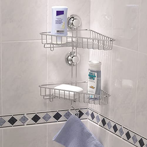 Everloc 2 Shelf Corner Rack, No Drilling, No Screws, No Glue, No Adhesive, Vacuum Suction Wall Mounted, Chrome Corner Bathroom Accessories Holder, Shower Rack, Easy Install, EVL-10202