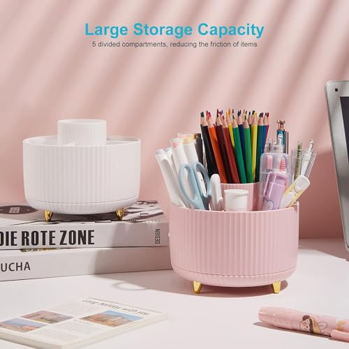 Ybaier 360 Degree Rotating Pen Holder, 5 Slots Pencil Organizer Desk Organizers and Accessories, Cute Pink Pen Holder for Desk, Pen Organizer Storage for Office School Home