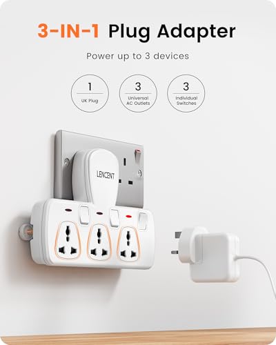 LENCENT Multi Plug Extension Socket, 3 Way Electrical Outlet Extender, Wall Charger, Universal Plug Adapter, Charging Station for Home, Office, Kitchen, Individually Switched