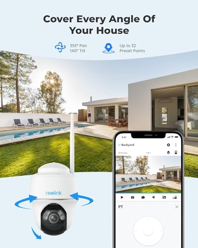 Reolink PTZ Solar Security Camera Outdoor Wireless, 2K+ 5MP Color Night Vision, 360 view Battery IP Cam, Human/Car Detection, 2.4/5GHz WiFi, 2-Way Audio, Works with Alexa, Argus PT + Sun-Powered Panel