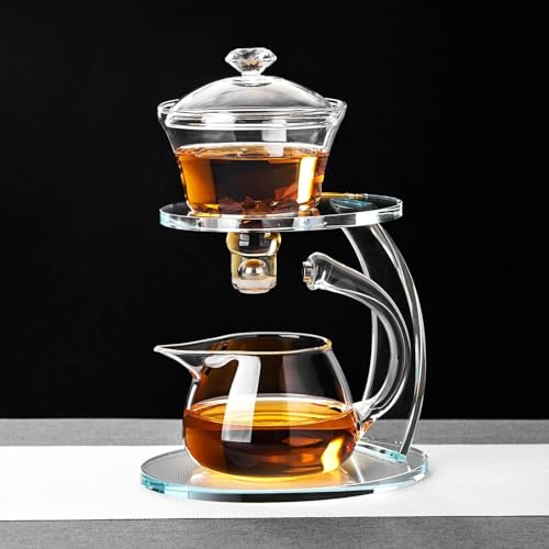 Unbreakable Glass Teapot Set, 340ml Semi-Automatic Rotating Kungfu Tea Pot with Infuser, Borosilicate Glass Drip Teapot for Home, Tea House, Restaurant, Chinese Tea Ceremony