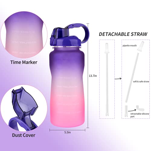 Water bottle 2l/ large sports bottle with time marker, bpa free & leakproof, reusable portable fitness sport water bottles for gym &outdoor sports &office (purple)