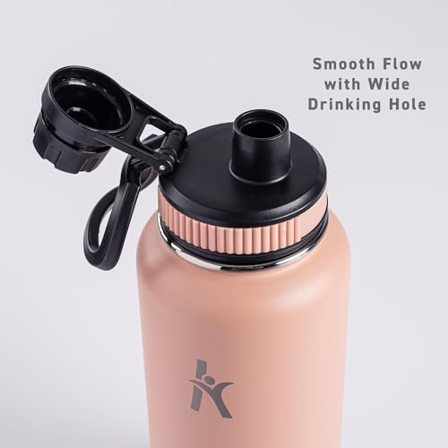 KRYMSO, 950ml Stainless Steel Water Bottle, Sports bottle with Straw, Spout Lid, Protective Boot, Insulated Water Bottle, Thermos Flask, Hot Water bottle for kids (Peach Pink, 950ml / 32oz)