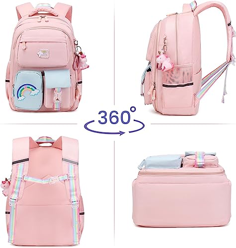 Azonee Backpack for Girls, Wide Open Elementary Primary Middle School Bags with Many Compartments, Safety Reflective Strip, Waterproof, Large Capacity, for Kids, Teens, Pink