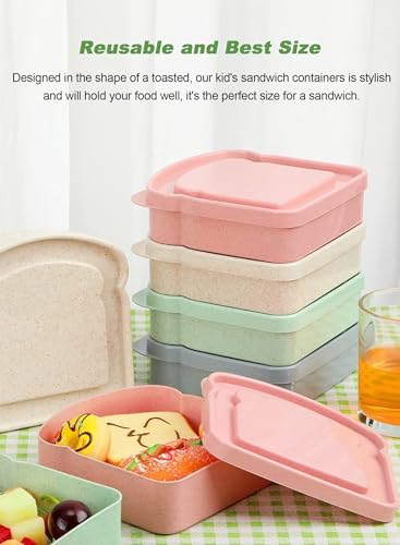 4 Pcs Sandwich Boxes, Lunch Box Containers,Portable Sandwich Containers Food Safe Wheat Straw Material, Toast Shape Storage for Bread/Sandwiches/Food/Fruit, Microwave Dishwasher & Freezer Safe