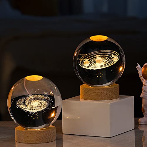 Goodern 3D Crystal Ball Night Light Clear Galaxy LED Light with Wooden Base Glass Ball Ornaments Nightlight Decolamp with Touch Switch LED Light Decorative Lamp Gifts for Home Desktop Decor-Planet