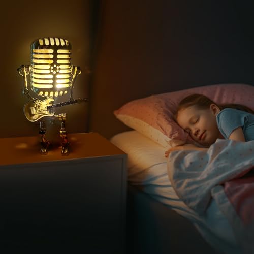 Xmpmrb Vintage Microphone Guitar Robot Lamp, Unique Design, White, Metal Plastic, LED, USB Powered, Tabletop, Bedroom, Energy Efficient