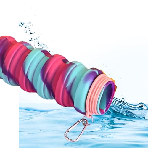 ROLL RIDE FUN Silicone Collapsible Water Bottles, 500ml Portable Foldable Expandable Water Bottle Sports Cups with Carabiner, Leak Proof Reusable BPA Free, for Outdoor Activities Travel (Teal Pink)