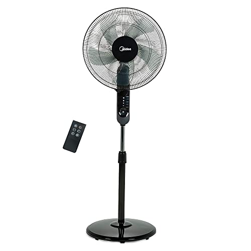 Midea Pedestal Stand Fan with Remote Control, 16 inch, 3D Oscillation Directions, 3 Speed Levels & Adjustable Height, 5 Leaf Blade with 7.5 Hours Timer, Best for Home & Office, Black, FS4015FR
