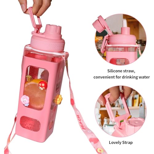 X spring Water Bottle for Girls, 700ml Portable Cute Kids Water Bottles with Straw, Large Capacity Square Drinking Bottle with Adjustable Shoulder Strap, Suitable for School and Travel Use