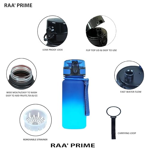 RAA' PRIME Water Bottle for Adults and Kids - USA Tritan Material, Fast Flow, Non-Toxic BPA Free, Flip Top Leak Proof Lid w/One Click Open. 350m (Blue/Green)