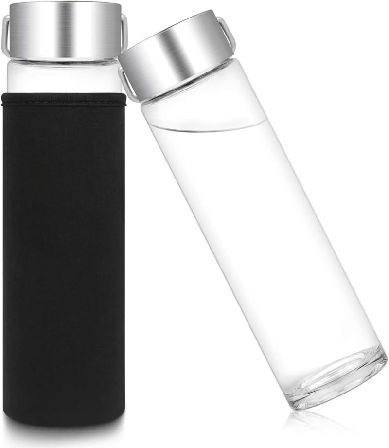 750ml Glass Water Bottle with Stainless Steel Leak-Proof Lid & Carry Handle Reusable Drinking Bottle with Neoprene Sleeve for Office, Gym, Travel & School (Blue) - Black