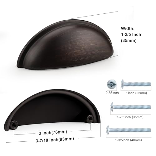 (12 Pack)Probrico Modern Drawer Pulls Oil Rubbed Bronze Cabinet Handles 3 Inch(76mm) Hole Center Cabinet Cup Pulls Kitchen Cabinet Hardware Bin Cup Drawer Handles Knobs for Dresser Closet