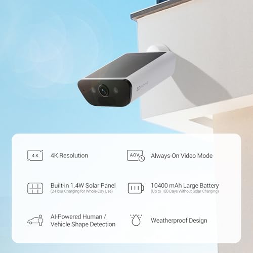 EZVIZ CB5 4K Solar Security Camera Outdoor Wireless 2-IN-1 Built-in Solar Panel, Color Night Vision, Human Detection, Vehicle Detection, Two Way Audio, Weatherproof, Alexa Compatible, White