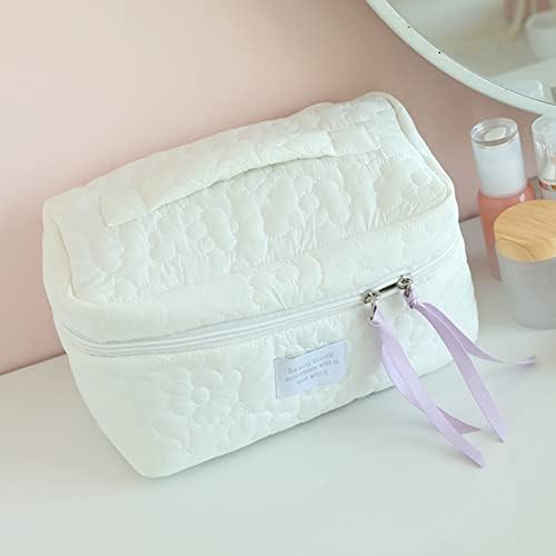 Juoxeepy Cotton Makeup Bag Large Travel Cosmetic Bag Quilted Cosmetic Pouch Coquette Aesthetic Floral Toiletry Bag, A-White, 10x5.9x5.3in