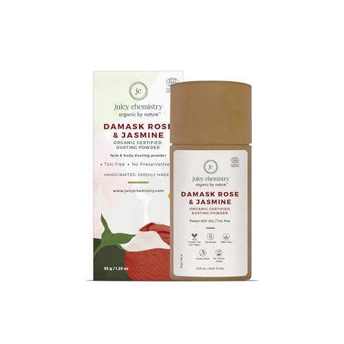 Juicy Chemistry Organic Dusting Powder, Damask Rose & Jasmine Talc Free Powder, 35 gms Body Powder for Dry and Cool Skin