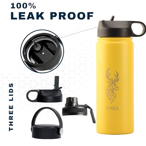 NABA Stainless Steel Water Bottle 600ML With a Wide Mouth-Double Wall Vacuum Flask Hot Insulated Thermos Water Bottle For Kids, School-Coldest Gym Bottles,Sports - 3 Lids,2 Straws (Yellow, 20oz)