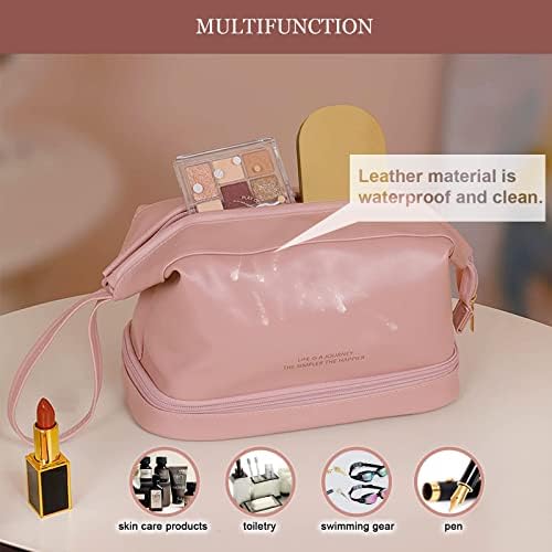 NAWOKEENY® Double Layer Cosmetic Bag - Large Capacity Portable Toiletry Bag for Travel, Makeup Organizer, PU Leather, Waterproof (Black)